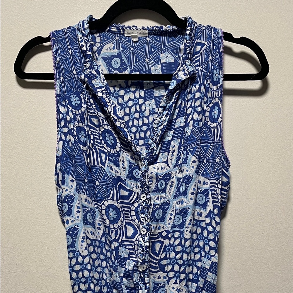 POUPETTE ST. BARTH Blue & White Sleeveless Button-Front Romper, Size S - Picture 2 of 9
